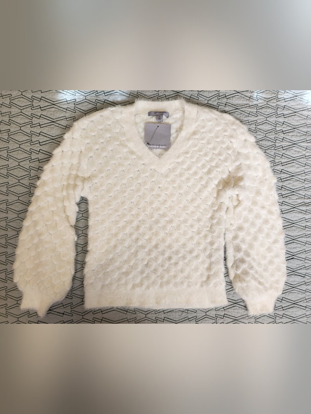 Andrew Marc Cream V-Neck Bubble Knit Sweater